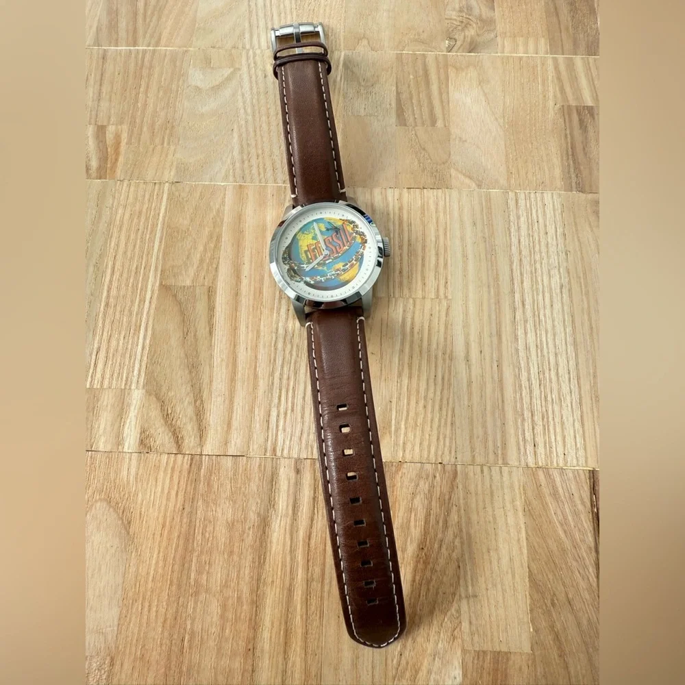 Fossil mens 30th anniversary stainless steel brown leather watch NEW BATTERY